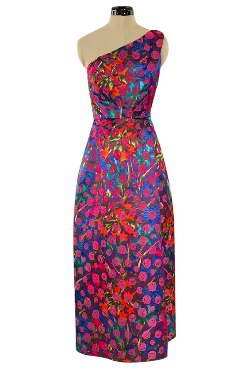 Prettiest 1970s Bergdorf Goodman One Shoulder Silk Brocade Woven Pink Rose Dress