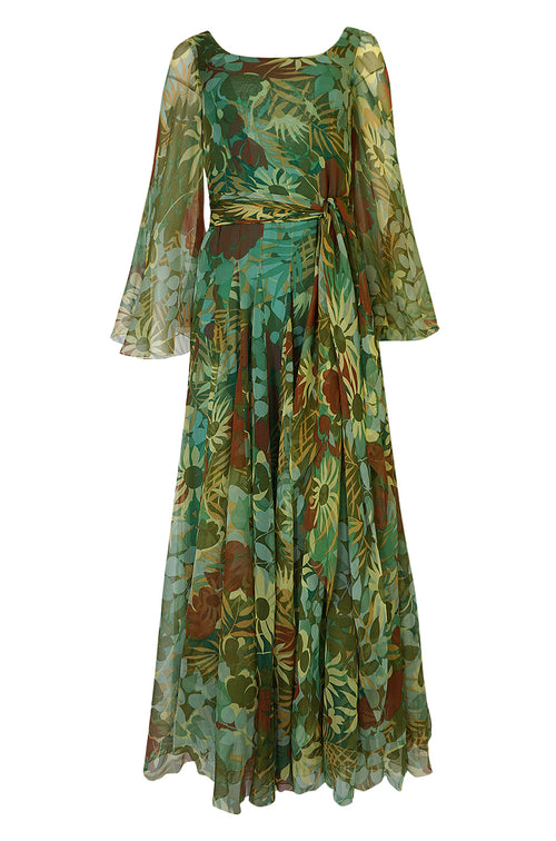 1970s Stavropoulos Couture Floral Print Silk Dress w Pleated Skirt