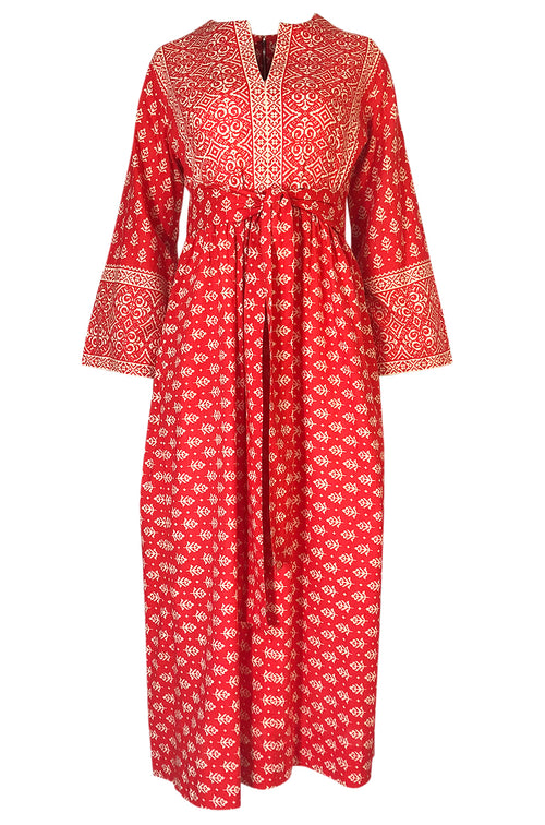 Lovely 1960s Red & White Print Indian Cotton Caftan Dress