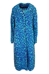 1970s La Mendola Silk Jersey Blue Print Dress & Knit Jersey Coat Set