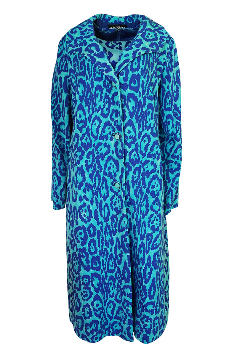 1970s La Mendola Silk Jersey Blue Print Dress & Knit Jersey Coat Set