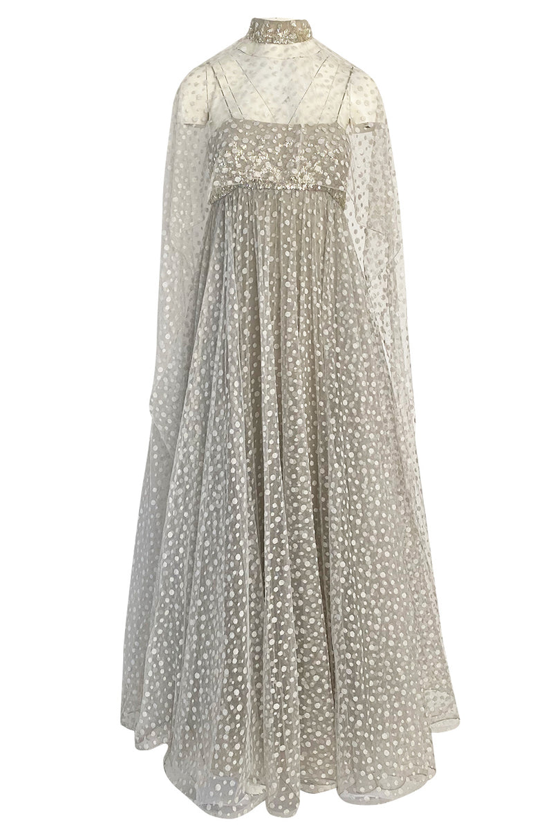 1970s Unlabeled Alfred Bosand Sequin Bodice Dotted Silk Net Dress W Ma Shrimpton Couture 1970s Unlabeled Alfred Bosand Sequin Bodice Dotted Silk Net Dress W Ma Shrimpton Couture