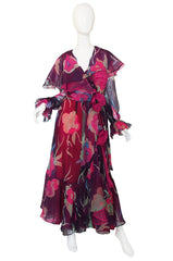 1970s Silk Chiffon & Floral Wrap Dress