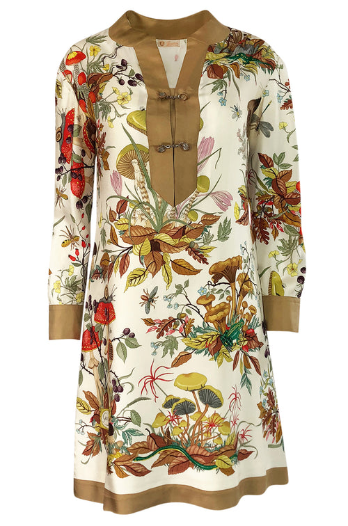 1970s Gucci Ad Campaign Flora Fauna Screen Printed Silk Shift Dress