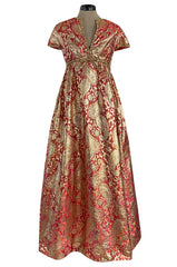 Stunning 1960s Malcolm Starr Light Silk Brocade Coral Red & Gold Metallic Thread Dress