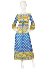 1960s Yellow & Bue Floral Print Cotton Maxi Dress