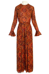 Late 1970s James Galanos Printed Rust & Coral Silk Chiffon Jumpsuit w Extra Wide Slit Pant Legs