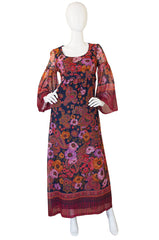 1960s Gorgeous Silk Voile Print Maxi Dress
