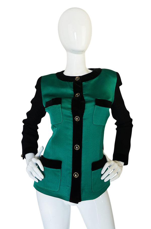 1980s Chanel Emerald Green Silk Satin Front Black Jacket