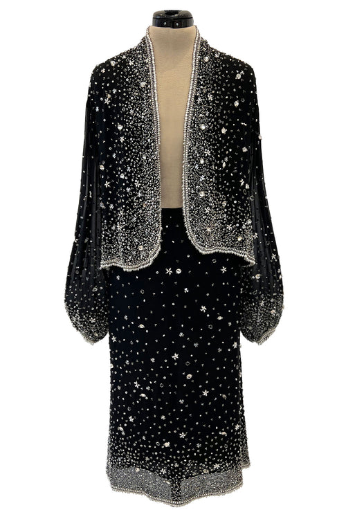 Gorgeous 1983 Halston Beaded Black Silk Chiffon Skirt & Jacket Set w Balloon Sleeves