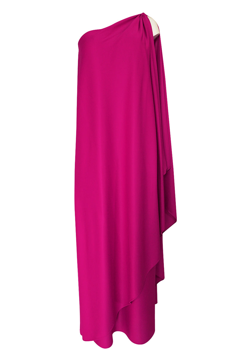 1978 Halston Pink One Shoulder Draped Jersey Dress