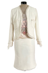 Cruise 2004 Chanel by Karl Lagerfeld Three Piece Ivory Silk Boucle Suit w Silk Chiffon Edging