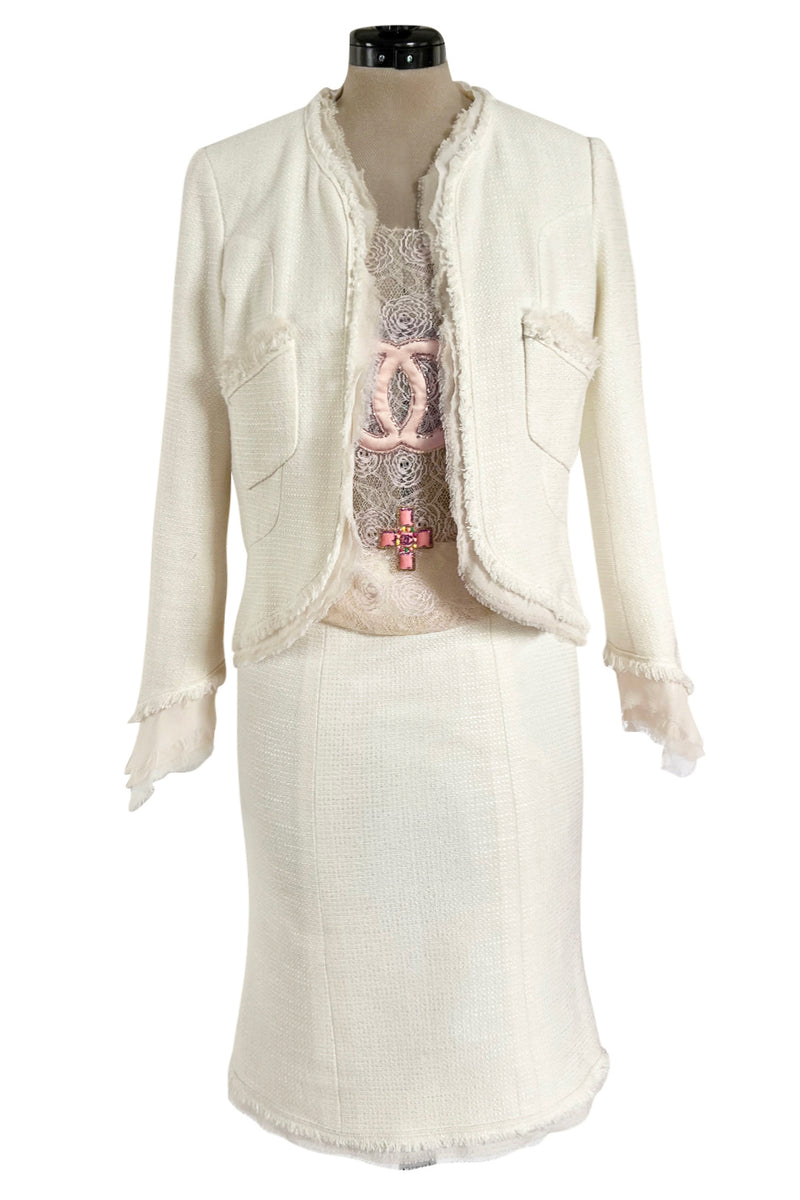 Cruise 2004 Chanel by Karl Lagerfeld Three Piece Ivory Silk Boucle Suit w  Silk Chiffon Edging