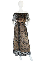 1970s Jean Louis Dotted Net & Silk Off Shoulder Dress