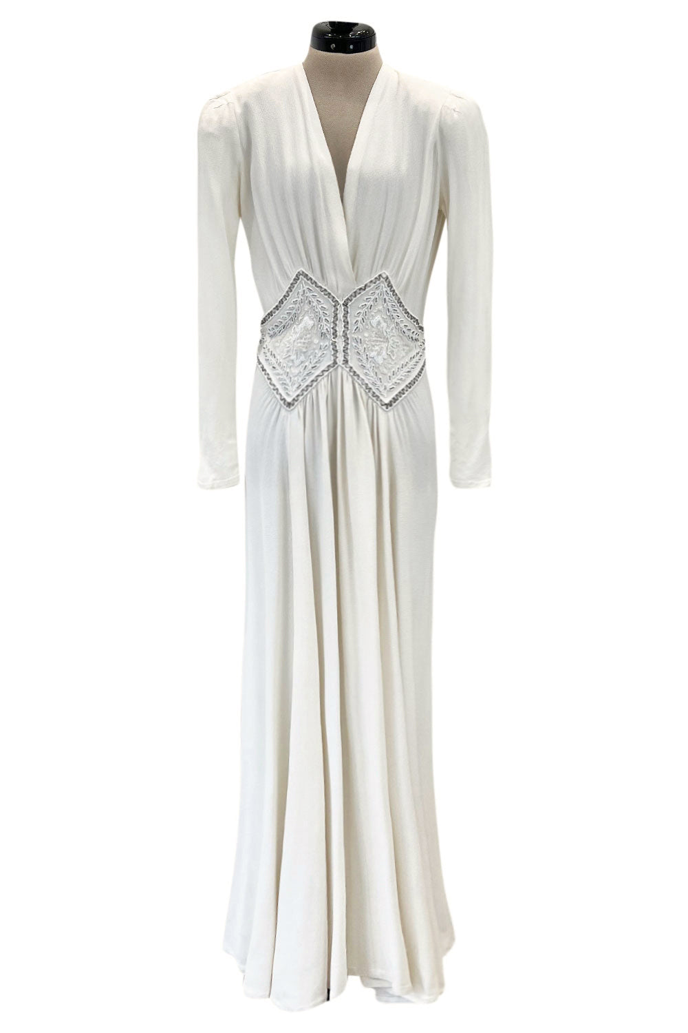 1930s beaded dress Gorgeous Off White Moss Crepe w Hand 'Belt' Detaili – Shrimpton Couture Night and Day Mini Crafted from luxurious viscose 18M Size:50 Regular - 45 Waist