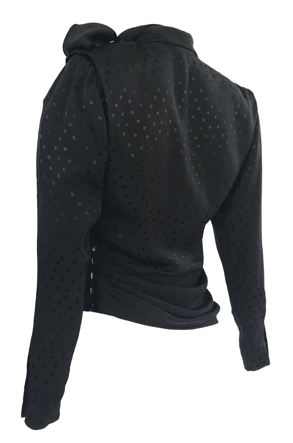 1980s Emanuel Ungaro Button Detailed Black Silk Dot Top w Tie Neck