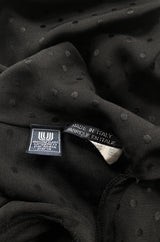 1980s Emanuel Ungaro Button Detailed Black Silk Dot Top w Tie Neck