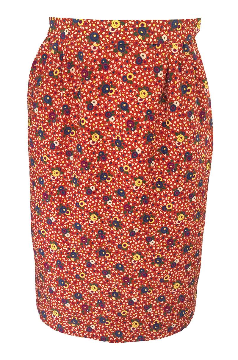 Gorgeous 1970s Valentino Floral Printed Red Silk Jacket and Skirt Suit Set