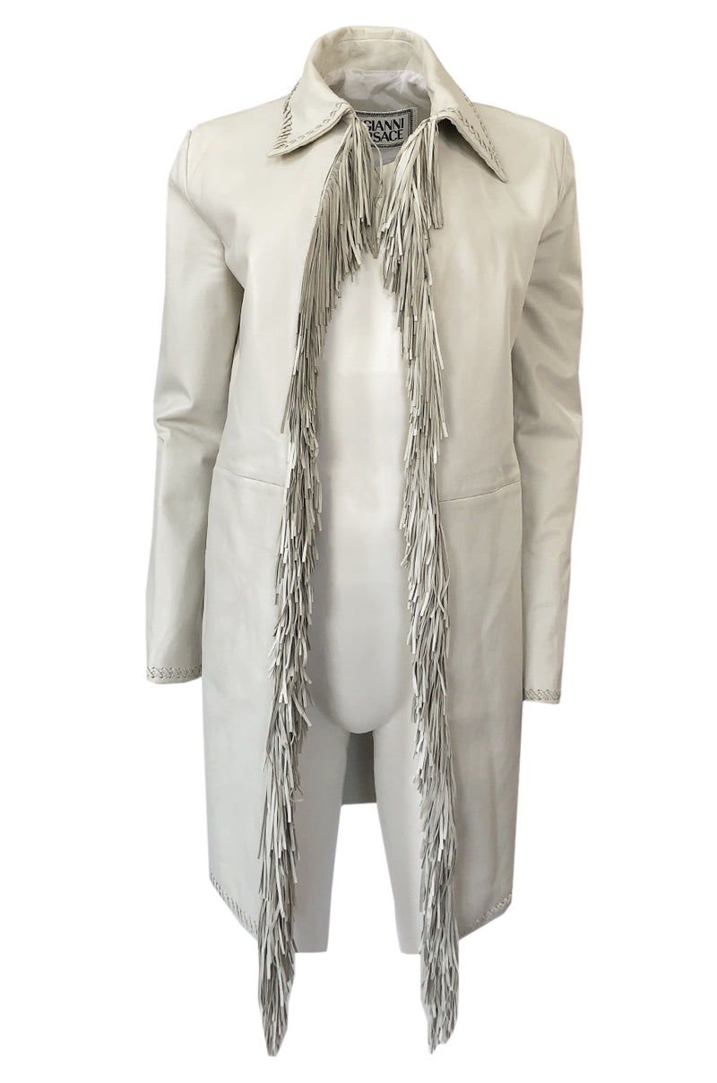 Spring 2002 Gianni Versace Butter Soft Fringe Ivory Leather Jacket