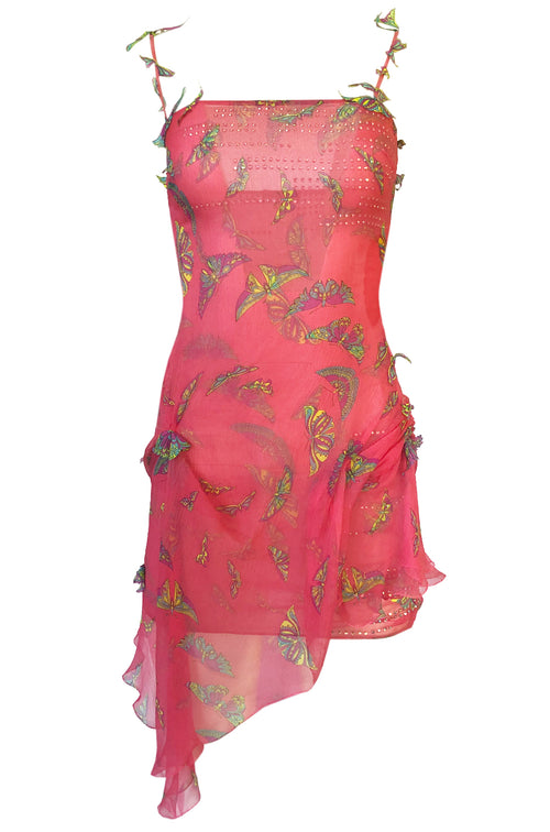 c1995-1997 Gianni Versace Couture Silk Chiffon Butterfly & Crystal Dress