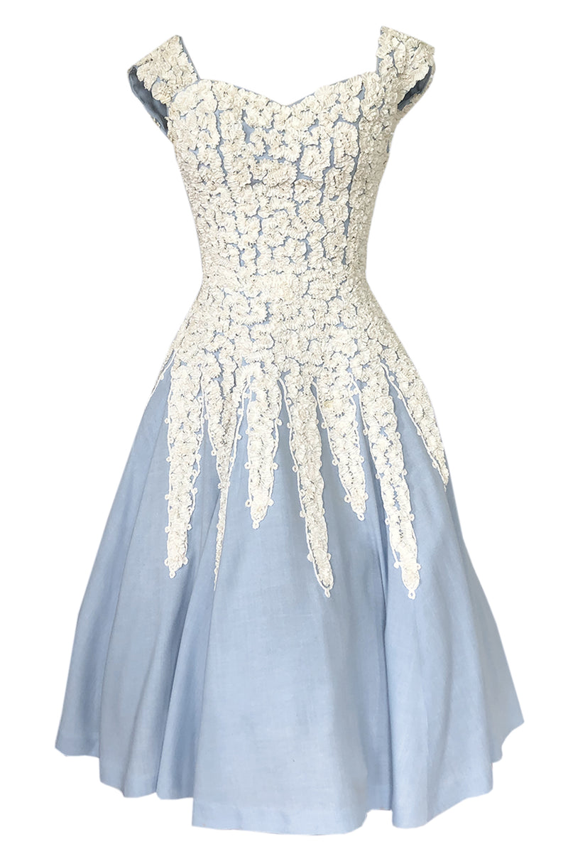 1950s Unlabeled Pale Baby Blue Dress w Ivory Crinkle Ribbon Applique Shrimpton Couture 1950s Unlabeled Pale Baby Blue Dress w Ivory Crinkle Ribbon Applique Shrimpton Couture