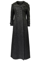 1970s Joseph Magnin Black Glitter Lame Full Length Great Coat Maxi Coat