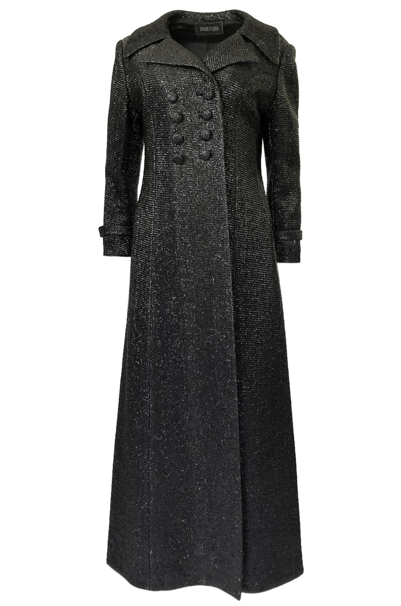 1970s Joseph Magnin Black Glitter Lame Full Length Great Coat Maxi Coat