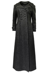 1970s Joseph Magnin Black Glitter Lame Full Length Great Coat Maxi Coat