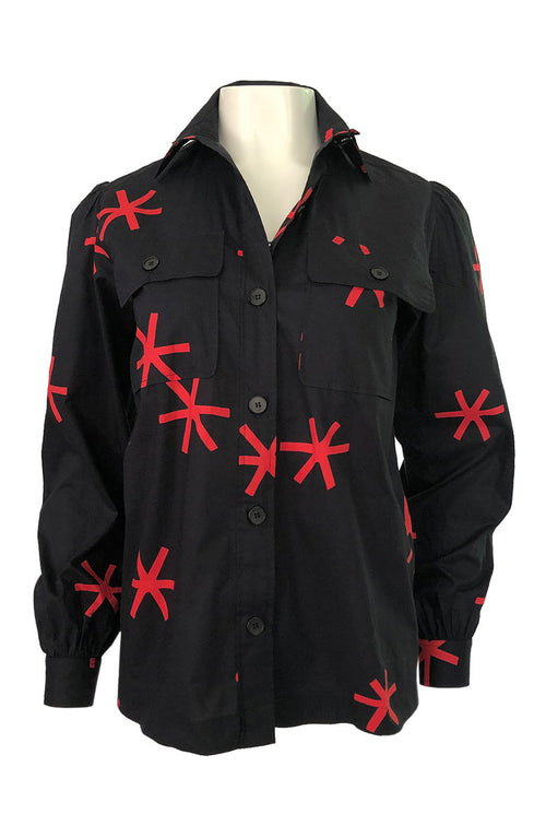 1970s Yves Saint Laurent  Black and Red Print Cotton Top w Pockets