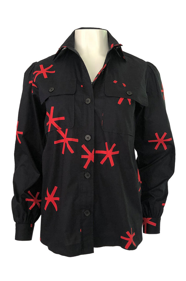1970s Yves Saint Laurent  Black and Red Print Cotton Top w Pockets