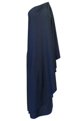 1978 Halston Deep Blue One Shoulder Draped Jersey Maxi Dress