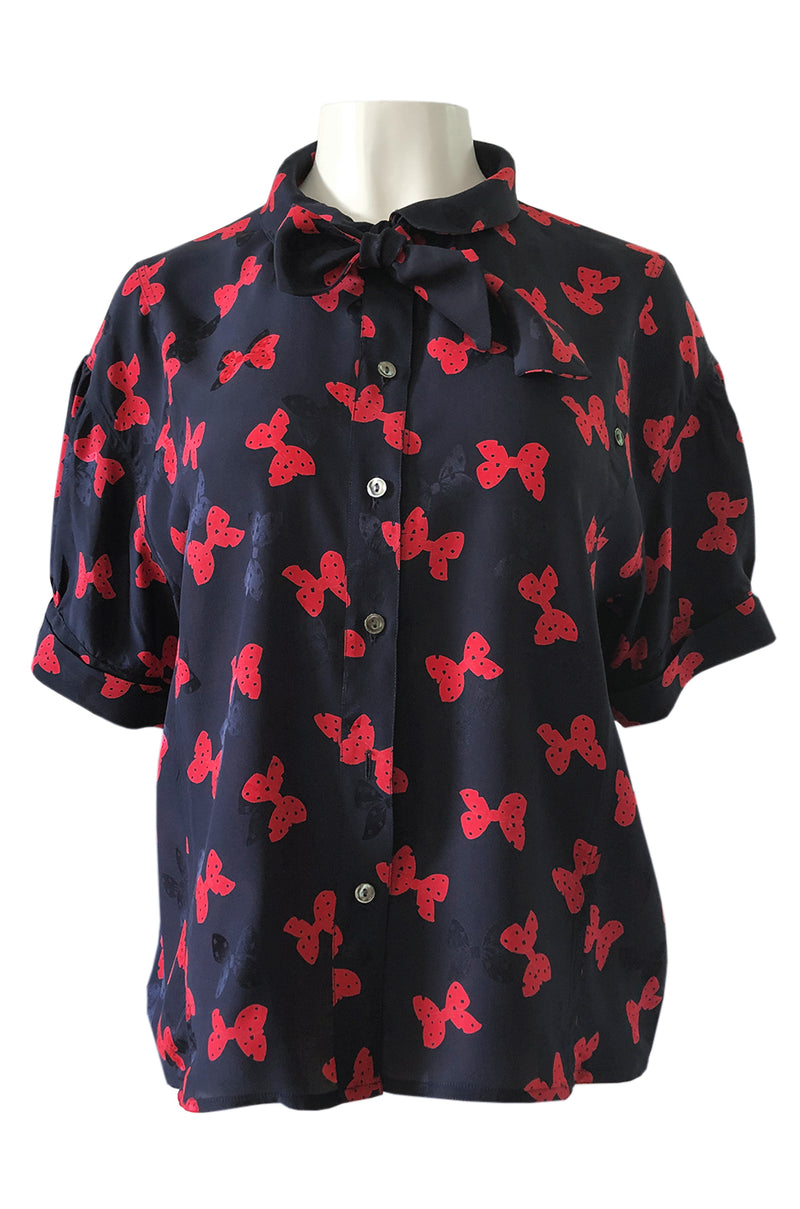 1970s Chloe Butterfly Bow Print Navy & Red Silk Top w Tie