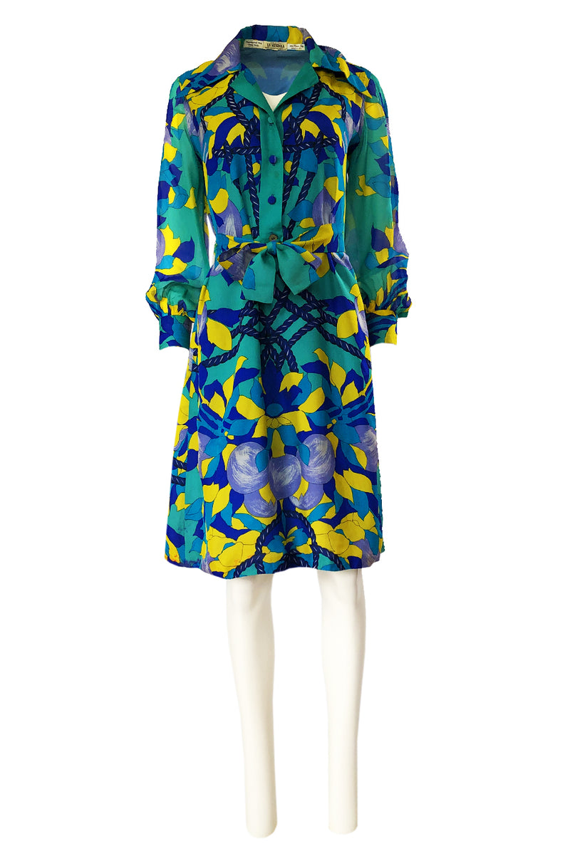 Dated 1975 La Mendola Turquoise & Blues Belted Silk Shirt Dress