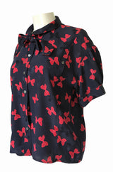 1970s Chloe Butterfly Bow Print Navy & Red Silk Top w Tie