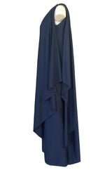 1978 Halston Deep Blue One Shoulder Draped Jersey Maxi Dress
