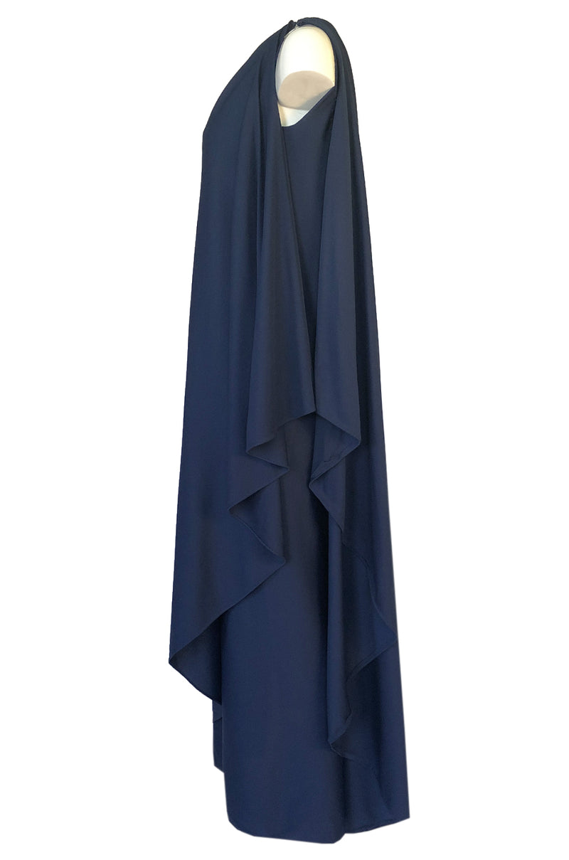 1978 Halston Deep Blue One Shoulder Draped Jersey Maxi Dress