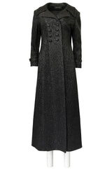 1970s Joseph Magnin Black Glitter Lame Full Length Great Coat Maxi Coat