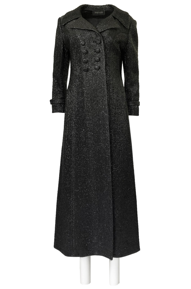1970s Joseph Magnin Black Glitter Lame Full Length Great Coat Maxi Coat