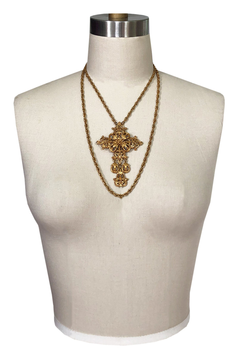 Vintage Florenzi Double Chain Gold Filigreed Cross Necklace