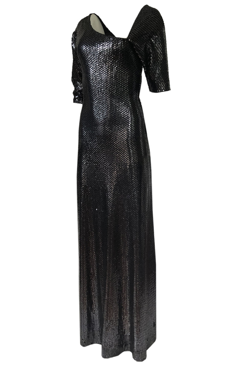 Iconic 1976 Halston Glossy Gunmetal Black Sequin Asymmetrical Full Length Dress