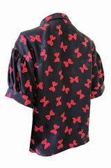 1970s Chloe Butterfly Bow Print Navy & Red Silk Top w Tie