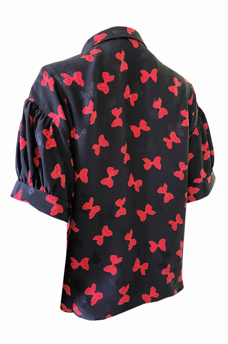 1970s Chloe Butterfly Bow Print Navy & Red Silk Top w Tie