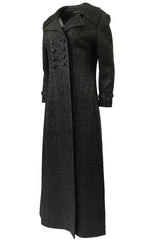 1970s Joseph Magnin Black Glitter Lame Full Length Great Coat Maxi Coat
