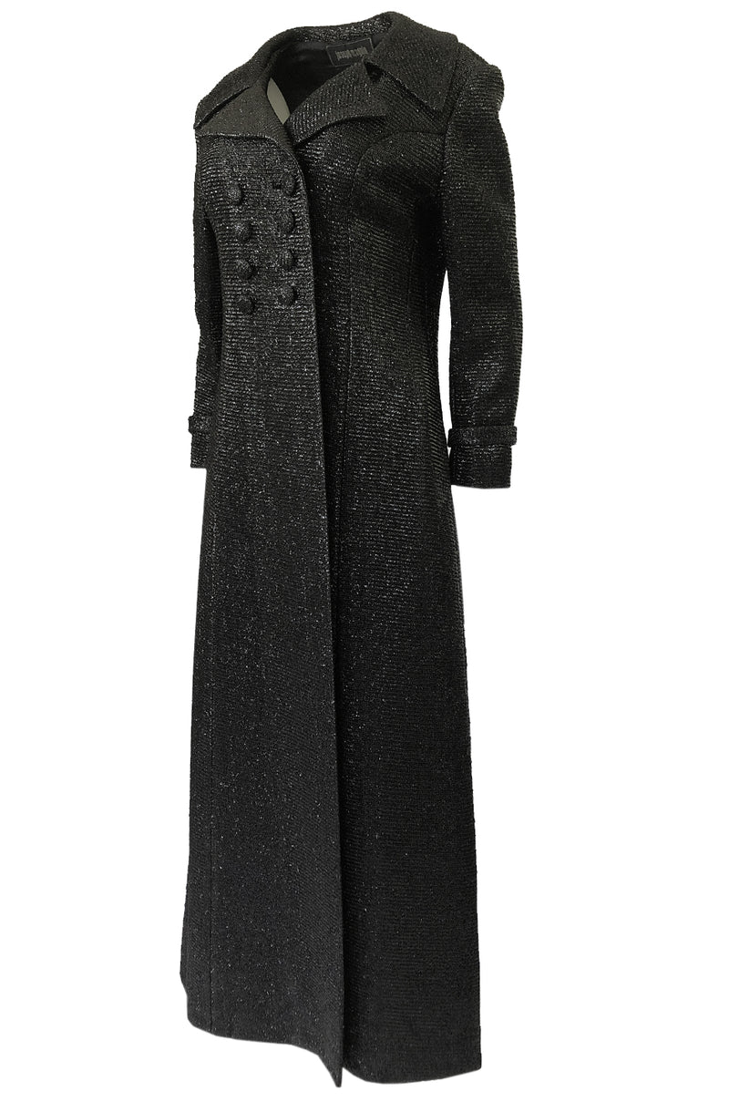1970s Joseph Magnin Black Glitter Lame Full Length Great Coat Maxi Coat
