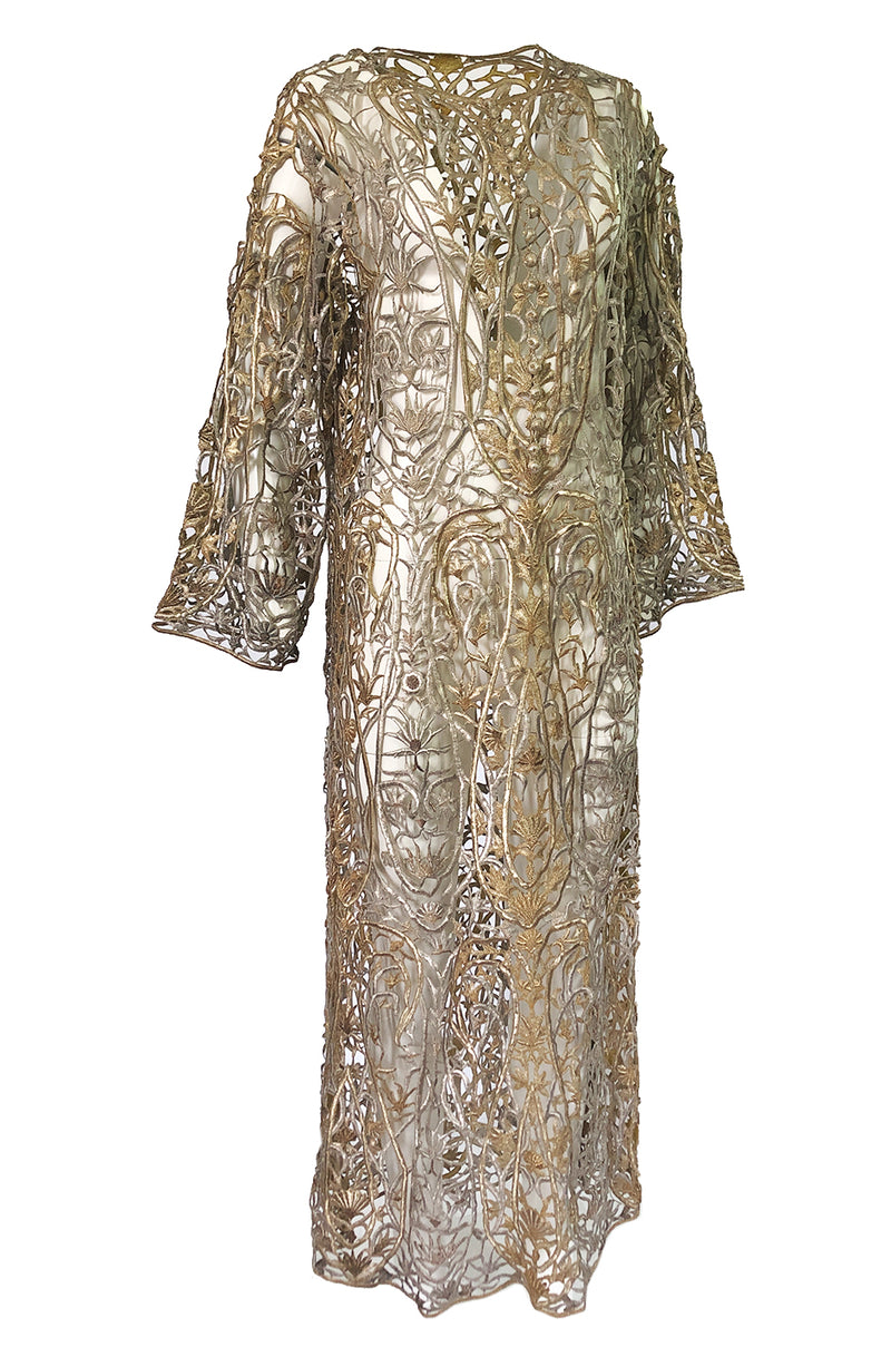 1960s Unlabeled Couture Heavy Metallic Gold & Silver Thread Caftan