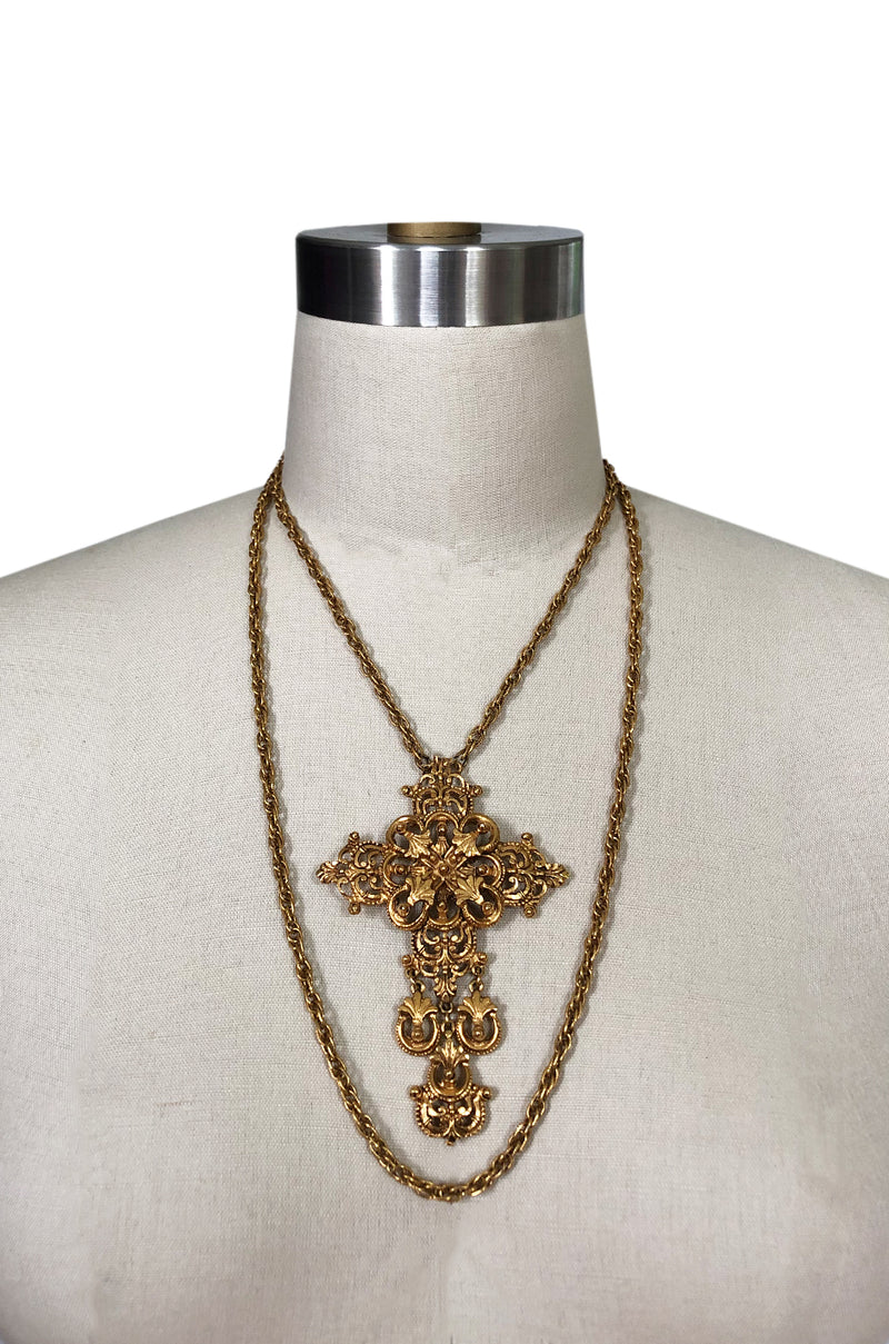 Vintage Florenzi Double Chain Gold Filigreed Cross Necklace