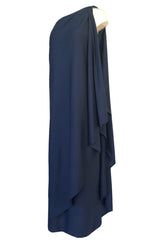 1978 Halston Deep Blue One Shoulder Draped Jersey Maxi Dress
