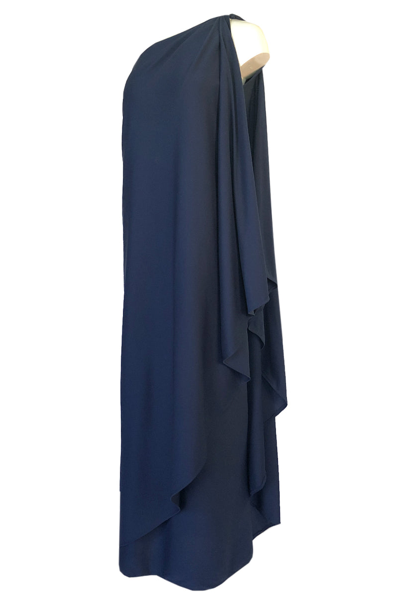 1978 Halston Deep Blue One Shoulder Draped Jersey Maxi Dress