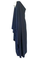 1978 Halston Deep Blue One Shoulder Draped Jersey Maxi Dress