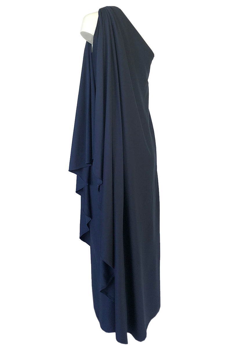 1978 Halston Deep Blue One Shoulder Draped Jersey Maxi Dress